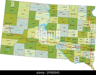 Sehr detaillierte, bearbeitbare politische Karte mit getrennten Schichten. South Dakota. Stock Vektor
