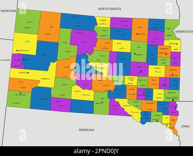 Farbenfrohe politische Karte von South Dakota mit klar gekennzeichneten, getrennten Schichten. Vektordarstellung. Stock Vektor