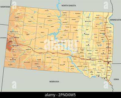 Hochdetaillierte physische Karte von South Dakota mit Beschriftung. Stock Vektor