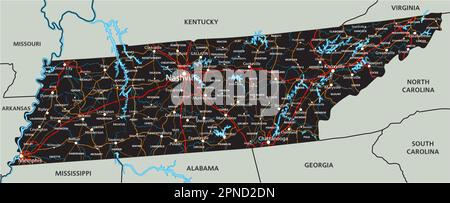 Detaillierte Straßenkarte von Tennessee mit Kennzeichnung. Stock Vektor