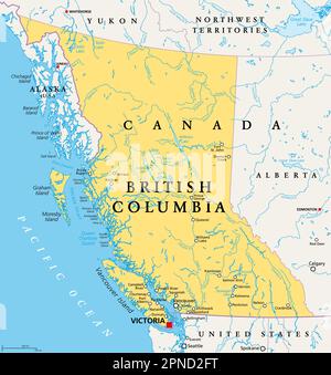British Columbia, BC, westlichste Provinz Kanadas, politische Karte. Gelegen am Pazifik, mit der Hauptstadt Victoria. Stockfoto