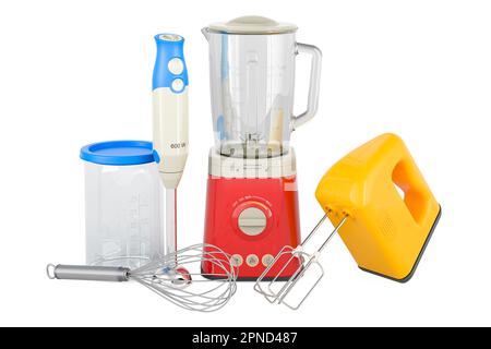 Elektrischer Standmixer, Eintauchmischer und Handmixer, 3D-Rendering auf weißem Hintergrund isoliert Stockfoto