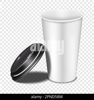 Einweg-Kaffeetasse aus weißem Papier zum Mitnehmen mit offenem schwarzen Kunststoffdeckel auf transparentem Hintergrund. Realistisches Vektormodell. Vorlage für Konstruktion Stock Vektor