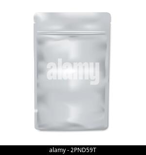 Leere Beutel-Packung Vektormodell. Plastik- oder Folienbeutel mit Reißverschluss und Schablone für Reißverschlüsse. Lebensmittel, Medizin, Kosmetik Einzelpackung Stock Vektor