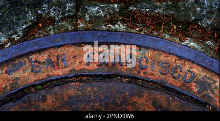 San Francisco Kanalabdeckung Wasser Kanalisation Straße Rost Jahrgang Stockfoto