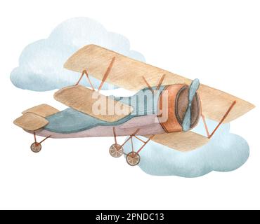 Aquarell-Darstellung eines Flugzeugs und Wolken isoliert auf weißem Hintergrund. Das klassische Cartoon-Flugzeug in Braun, Pink und Türkis. Stockfoto