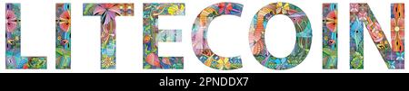 Handgemalte Kunstgestaltung. Zeichnungswort Litecoin in warmen Farben für T-Shirt-Design, Tattoo und andere Dekorationen Stock Vektor