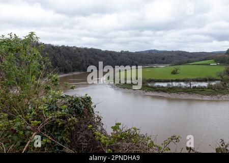 Chepstow, Großbritannien. 14. April 2023. Eine Biegung im Fluss Wye wird vom Schloss Chepstow aus gesehen. Chepstow Castle befindet sich über den Klippen am Fluss Wye und ist die älteste noch existierende poströmische Steinbefestigung in Großbritannien. Kredit: Mark Kerrison/Alamy Live News Stockfoto