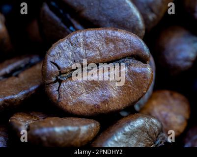 Ein Makrobild mit dunkelbraunen Espresso-Kaffeebohnen und einer herausragenden einzelnen Bohne Stockfoto