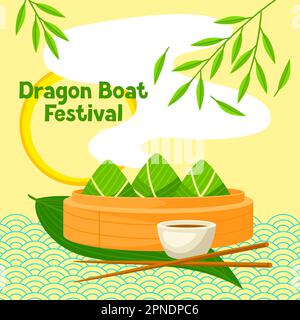 Grußkarte zum Happy Dragon Boat Festival. Chinesischer Urlaub in Duanwu. Traditioneller Zongzi-Reis in Bambusblättern. Stock Vektor