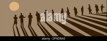 Geschäftspartner werden in einer langen Schlange im Sonnenlicht gesehen, das lange Schatten auf die Menschen in dieser Vektorgrafik wirft. Stock Vektor