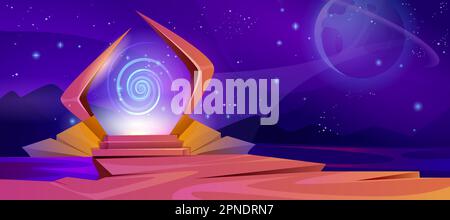 Cartoon-magisches Portal mit violettem Plasmalicht mit Wirbelung. Glühender Plasmabildschirm im Gebirgsrahmen unter Sternenhimmel bei Nacht. Fantasy-Landschaft mit Pfaden und Schritten in die Fantasie außerirdischer Welten. Stock Vektor