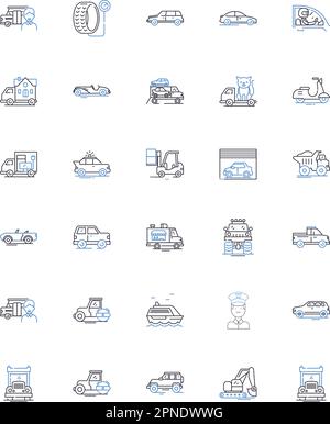 Symbolsammlung für Transitpositionen. Arbeitsweg, U-Bahn, Öffentliche Verkehrsmittel, Bus, Zug, Metro-Vektor und lineare Darstellung. Umriss Transit, Shuttle, Bahn Stock Vektor