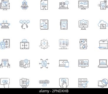 Symbolsammlung für Computertechnik. Algorithmus, Codierung, Debugging, Verschlüsselung, Firewall, Hardware, Schnittstellenvektor und lineare Darstellung Stock Vektor
