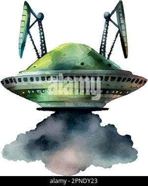 UFO Watercolor Holiday Vector Illustration Galaxy Space Humanoid Stock Vektor