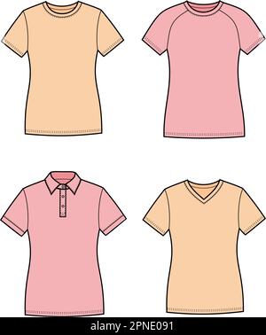 Set aus T-Shirts für Damen. Mode-CAD. Stock Vektor