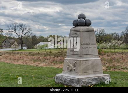 Monument to Dows 6. Maine Battery an einem Nachmittag im kalten Frühling, Gettysburg Pennsylvania USA, Gettysburg, Pennsylvania Stockfoto