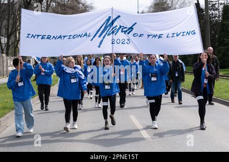 Czestochowa, Polen. 18. April 2023. Leute mit dem Banner "International March of the Living" entlang der Straße. Jedes Jahr kommen Tausende Juden nach Auschwitz-Birkenau, einem ehemaligen deutschen konzentrations- und Vernichtungslager, um am Internationalen Marsch der Lebenden teilzunehmen. Überlebende des Holocaust nehmen ebenfalls am marsch Teil. Kredit: SOPA Images Limited/Alamy Live News Stockfoto