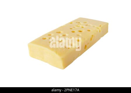 Emmentaler Käse, Schweizer Käse, isoliert auf Weiß. Gelbes Emmentalerstück mit Augen oder runden Löchern. Stockfoto