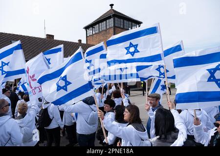 Czestochowa, Polen. 18. April 2023. Menschen mit israelischen Flaggen vor Birkenau, einem ehemaligen deutschen Konzentrations- und Vernichtungslager. Jedes Jahr kommen Tausende Juden nach Auschwitz-Birkenau, einem ehemaligen deutschen konzentrations- und Vernichtungslager, um am Internationalen Marsch der Lebenden teilzunehmen. Überlebende des Holocaust nehmen ebenfalls am marsch Teil. Kredit: SOPA Images Limited/Alamy Live News Stockfoto