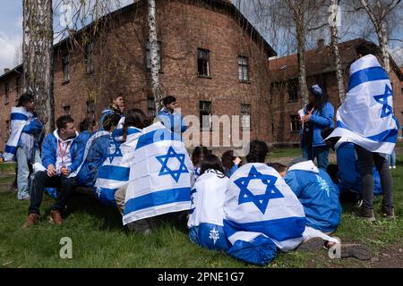 Czestochowa, Polen. 18. April 2023. Menschen mit israelischen Flaggen wurden in Auschwitz, einem ehemaligen deutschen Konzentrations- und Vernichtungslager, gesehen. Jedes Jahr kommen Tausende Juden nach Auschwitz-Birkenau, einem ehemaligen deutschen konzentrations- und Vernichtungslager, um am Internationalen Marsch der Lebenden teilzunehmen. Überlebende des Holocaust nehmen ebenfalls am marsch Teil. (Foto: Wojciech Grabowski/SOPA Images/Sipa USA) Guthaben: SIPA USA/Alamy Live News Stockfoto