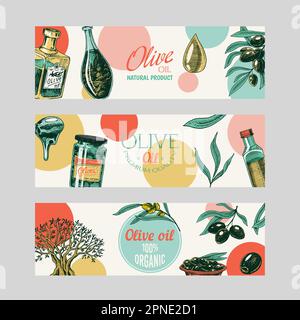 Vorlage für Olivenöl- und Branchenkennzeichnung. Elegantes Typografie-Banner. Biologisches vegetarisches Produkt in der Flasche. Umweltfreundliche Anlage für Verpackungsdesign. Gravierte Hand Stock Vektor