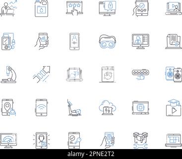 Symbolsammlung der digitalen Schutzlinie. Verschlüsselung, Passwörter, Firewall, VPN, Antivirus, Malware, Cybersecurity Vektor und lineare Illustration Stock Vektor