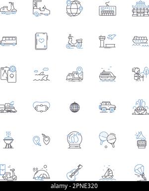 Symbolsammlung für Explorationslinien. Entdecken, Untersuchen, Suchen, Befragen, Durchqueren, Piering, Adventure Vector und lineare Darstellung. Expedition Stock Vektor