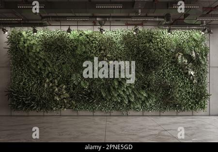 Vertikale grüne Wand in modernem Innendesign, 3D-Rendering Stockfoto