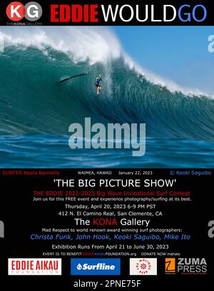 Die große Fotoshow in DER KONA Galley. Nehmen Sie an dieser kostenlosen Veranstaltung Teil und erleben Sie Fotografie/Surfen von seiner besten Seite. Donnerstag, 20. April 2023 6-9pm Uhr PST. 412 N. El Camino Real, San Clemente, CA, USA. Großer Respekt vor den weltberühmten, preisgekrönten Surffotografen Christa Funk, John Hook, Keoki Saguibo, Mike Ito. Die Ausstellung findet vom 21. April bis 30. Juni 2023 statt. Die Veranstaltung ist für Eddie Aikau Foundation.org Donate Now Mahalo gedacht. The Eddie ist das wichtigste Ereignis im Surfsport, auch bekannt als Super Bowl of Surfing. Die Eddie Big Wave Invitational feiert die aktuelle Abstammung von Big Wave Surfern als wel Stockfoto