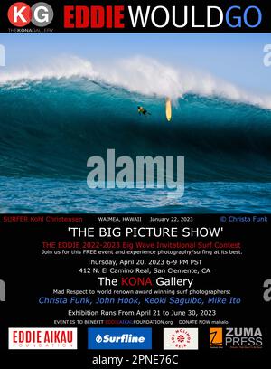 Die große Fotoshow in DER KONA Galley. Nehmen Sie an dieser kostenlosen Veranstaltung Teil und erleben Sie Fotografie/Surfen von seiner besten Seite. Donnerstag, 20. April 2023 6-9pm Uhr PST. 412 N. El Camino Real, San Clemente, CA, USA. Großer Respekt vor den weltberühmten, preisgekrönten Surffotografen Christa Funk, John Hook, Keoki Saguibo, Mike Ito. Die Ausstellung findet vom 21. April bis 30. Juni 2023 statt. Die Veranstaltung ist für Eddie Aikau Foundation.org Donate Now Mahalo gedacht. The Eddie ist das wichtigste Ereignis im Surfsport, auch bekannt als Super Bowl of Surfing. Die Eddie Big Wave Invitational feiert die aktuelle Abstammung von Big Wave Surfern als wel Stockfoto