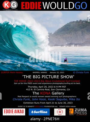 Die große Fotoshow in DER KONA Galley. Nehmen Sie an dieser kostenlosen Veranstaltung Teil und erleben Sie Fotografie/Surfen von seiner besten Seite. Donnerstag, 20. April 2023 6-9pm Uhr PST. 412 N. El Camino Real, San Clemente, CA, USA. Großer Respekt vor den weltberühmten, preisgekrönten Surffotografen Christa Funk, John Hook, Keoki Saguibo, Mike Ito. Die Ausstellung findet vom 21. April bis 30. Juni 2023 statt. Die Veranstaltung ist für Eddie Aikau Foundation.org Donate Now Mahalo gedacht. The Eddie ist das wichtigste Ereignis im Surfsport, auch bekannt als Super Bowl of Surfing. Die Eddie Big Wave Invitational feiert die aktuelle Abstammung von Big Wave Surfern als wel Stockfoto