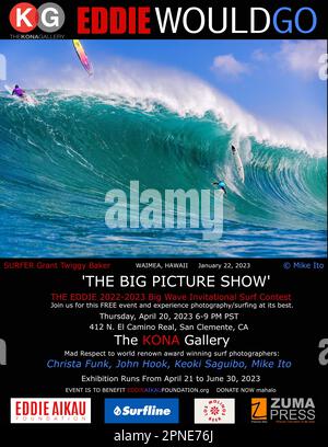 Die große Fotoshow in DER KONA Galley. Nehmen Sie an dieser kostenlosen Veranstaltung Teil und erleben Sie Fotografie/Surfen von seiner besten Seite. Donnerstag, 20. April 2023 6-9pm Uhr PST. 412 N. El Camino Real, San Clemente, CA, USA. Großer Respekt vor den weltberühmten, preisgekrönten Surffotografen Christa Funk, John Hook, Keoki Saguibo, Mike Ito. Die Ausstellung findet vom 21. April bis 30. Juni 2023 statt. Die Veranstaltung ist für Eddie Aikau Foundation.org Donate Now Mahalo gedacht. The Eddie ist das wichtigste Ereignis im Surfsport, auch bekannt als Super Bowl of Surfing. Die Eddie Big Wave Invitational feiert die aktuelle Abstammung von Big Wave Surfern als wel Stockfoto