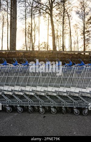 Lange Reihen leerer Warenkörbe warten auf Kunden Stockfoto