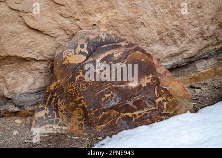 Petroglyph in der Nähe des Big Buffalo Panel, einer uralten Felszeichnungen der Ureinwohner, im Nine Mile Canyon, Carbon County, in der Nähe von Price, Utah, USA. Stockfoto