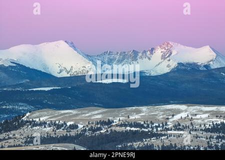 Vor Sonnenaufgang über den Gipfeln der Flint Creek Range im Winter in der Nähe der Garnison, montana Stockfoto