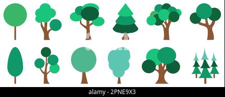 Cartoon-Baumsymbole. Vektorset zur Darstellung von Garten- und Naturpark-Pflanzen Stock Vektor