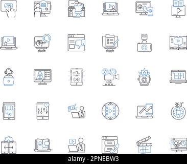 Audiovisuelle Liniensymbole. Projektion, Sound, Aufnahme, Visuals, Streaming, Multimedia, Bearbeitungsvektor und lineare Darstellung Stock Vektor