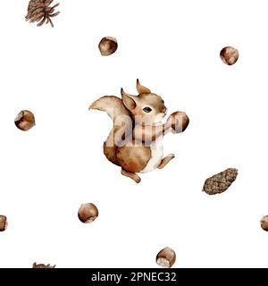 Süßes, nahtloses Muster mit Eichhörnchen in Aquarellfarben und Haselnuss. Süßes Kindermuster. Perfekt für Hintergrundpapier oder Textilien. Stockfoto