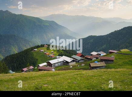 Panoramablick auf das Pokut-Plateau. Sommer. Reisen in der Türkei. Schwarzmeerregion in Türkiye. Camlihemsin, Rize Stockfoto