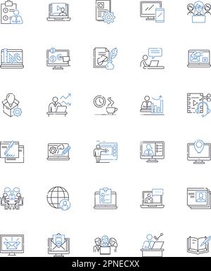 Symbolsammlung für entfernte Arbeitsbereichslinien. Virtuell, Remote, Digital, Online, Cloud, Telearbeit, Telearbeit, Vektor und lineare Darstellung. Remote-Arbeit Stock Vektor