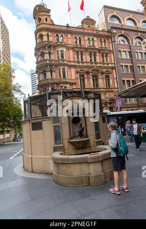 Sydney, New South Wales, Australien. 17. April 2023. Statue von Islay, Queen Victorias Lieblingshund, vor dem Einkaufszentrum Queen Victoria Building in Sydney, New South Wales, Australien. Das Queen Victoria Building ist ein denkmalgeschütztes Gebäude aus dem späten 19. Jahrhundert an der George Street im Geschäftsviertel von Sydney. QVB bietet ein großartiges, modernes Shopping- und Gastronomieerlebnis mit führenden australischen und internationalen Premiummarken. (Kreditbild: © Tara Malhotra/ZUMA Press Wire) NUR REDAKTIONELLE VERWENDUNG! Nicht für den kommerziellen GEBRAUCH! Stockfoto