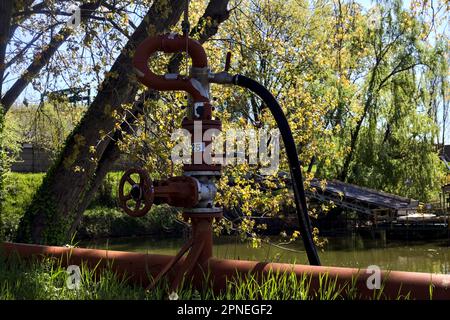 Hydrant und rote Rohrleitung, die ihn am Seeufer in einem Park verbinden Stockfoto