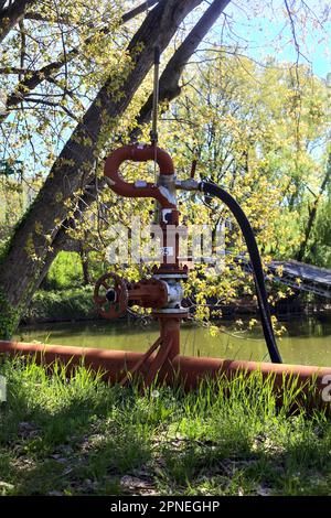 Hydrant und rote Rohrleitung, die ihn am Seeufer in einem Park verbinden Stockfoto