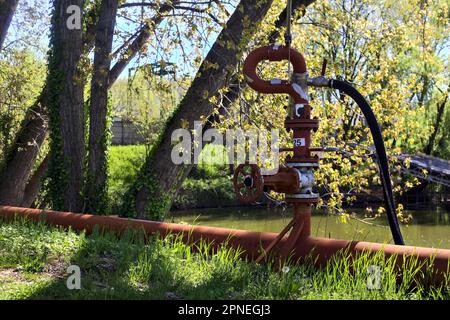 Hydrant und rote Rohrleitung, die ihn am Seeufer in einem Park verbinden Stockfoto