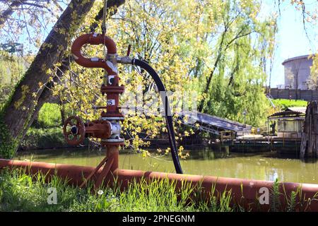 Hydrant und rote Rohrleitung, die ihn am Seeufer in einem Park verbinden Stockfoto