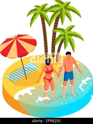 Ein Paar steht im Wasser am tropischen Strand mit Palmen und Sonnenschirm auf Sand 3D isometrische isolierte Vektordarstellung Stock Vektor