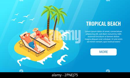 Isometrisches horizontales Webbanner mit einem Paar, das sich in Lounges am tropischen Strand entspannen kann 3D Vektordarstellung Stock Vektor