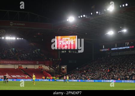 Sheffield, Großbritannien. 18. April 2023. An diesem Abend ist 26.476 Uhr beim Sky Bet Championship-Spiel Sheffield United vs Bristol City in Bramall Lane, Sheffield, Großbritannien, 18. April 2023 (Foto von Mark Cosgrove/News Images) in Sheffield, Großbritannien, am 4./18. April 2023 anwesend. (Foto: Mark Cosgrove/News Images/Sipa USA) Guthaben: SIPA USA/Alamy Live News Stockfoto