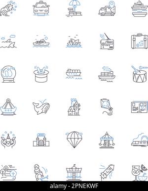 Symbolsammlung für Roaming-Nomaden-Zeilen. Wanderlust, Wanderung, Erkundungen, Reisen, Wohnwagen, Adventure, Freedom Vektor und lineare Illustration. Kultur Stock Vektor